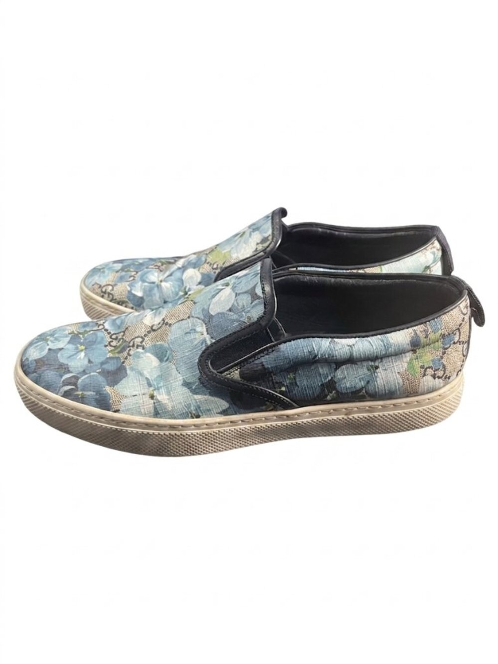 Gucci GG Blooms Slip-On Sneakers Blue Floral Canvas Leather Trim SZ 42